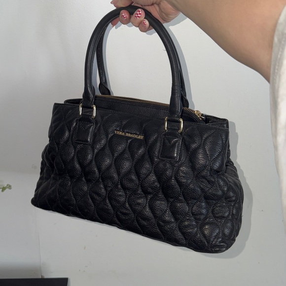 Vera Bradley Black Quilted Leather Satchel Floral Lining Shoulder Bag Classy - Picture 7 of 17